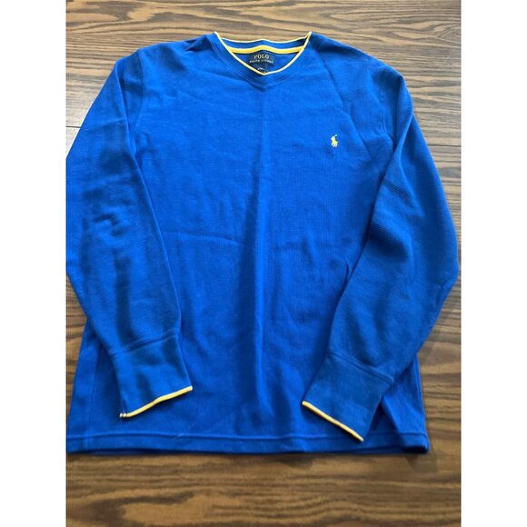 Polo Ralph Lauren blue yellow long sleeved V-neck shirt size Small - Picture 1 of 4